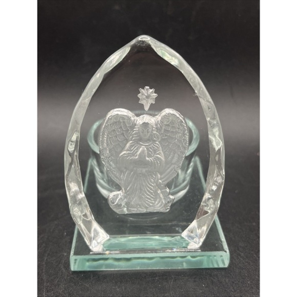 Angel Glass Candle Holder‎ Paperweight Tea Light Etched Engraved Prayer Vintage